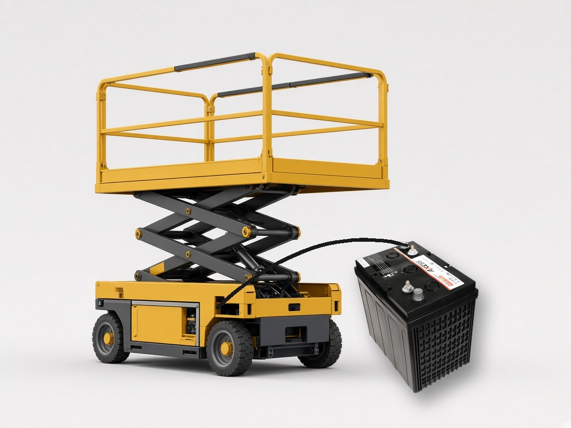Scissor lift beside an AXESS POWER deep-cycle battery