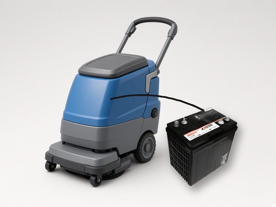 Walk-behind floor scrubber beside an AXESS POWER deep-cycle battery