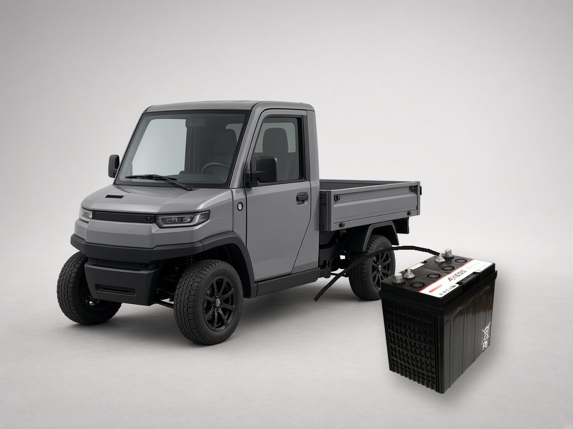 Electric utility vehicle beside an AXESS POWER deep-cycle battery